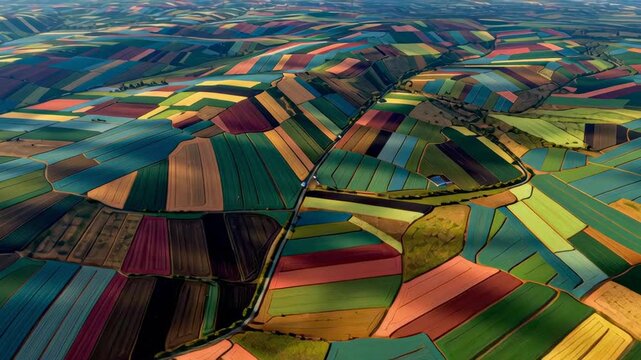 Aerial View of Patchwork Farmland with Colorful Fields in an Elevated Landscape Showcasing Agricultural Patterns and Geographic Diversity