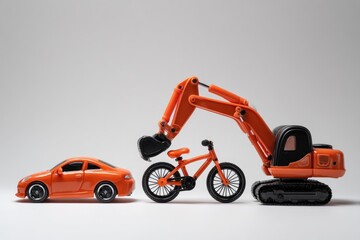 Orange toy excavator, car, and bicycle on a white background