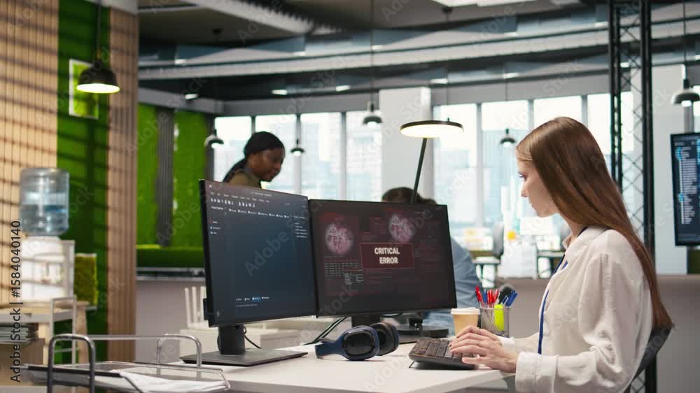 Poster young inexperienced developer in office struggling to fix critical error warning popup. intern troub
