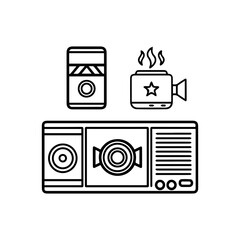 Illustration displays retro media a tape video camera with vapor and a stereo system