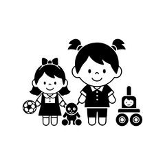 Stylized illustration of two children with toys a ball doll and toy car