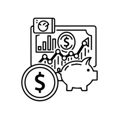 The image depicts financial growth with a piggy bank a coin with  a chart  clock