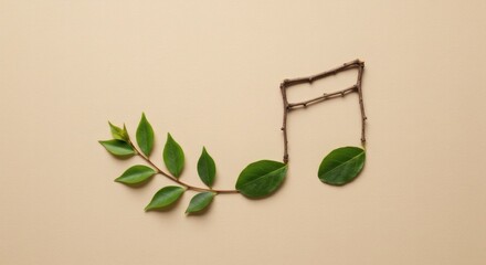 Harmony of Nature Musical Note Composed of Green Leaves and Twig on a Beige Backdrop – A Minimalist Celebration of Music