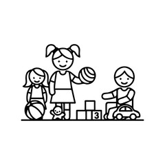 Three children playing with toys blocks and a ball depicted in a line art style