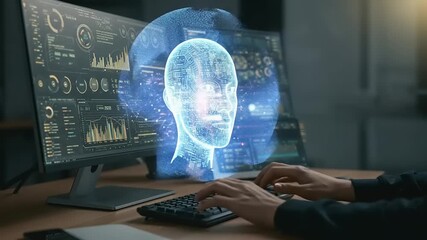Holographic digital human face overlayed on computer monitor - Powered by Adobe