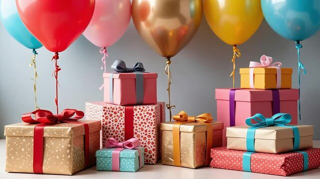 Festive scene showing colorful balloons and a variety of beautifully wrapped gifts stacked for a celebration or birthday event.