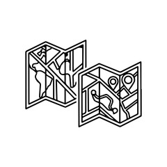 Two unfolded maps outlined with geographical details location pins and roadlike features stand side by side