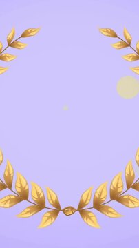 Animation of handbags and high heeled shoes over gold laurel wreath on lilac