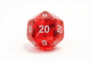 Red twenty-sided die, isolated, gaming, white background, tabletop