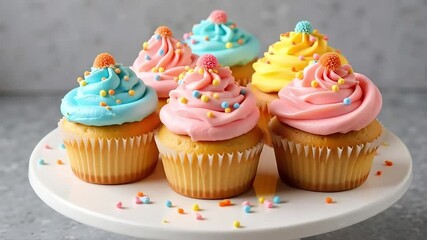 Colorful frosted cupcakes arranged on a white cake stand offer a delicious treat for dessert or celebration, adding sweetness and joy.