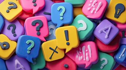 Colorful question marks and exclamation points on speech bubbles