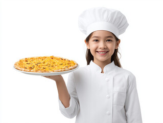 Young chef smiles while proudly presenting a delicious pizza 