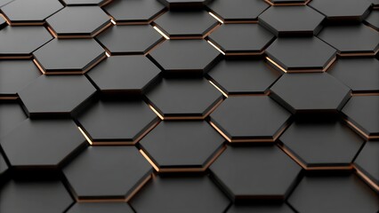 A close up view of a pattern of dark gray hexagons with gold trim and a smooth surface