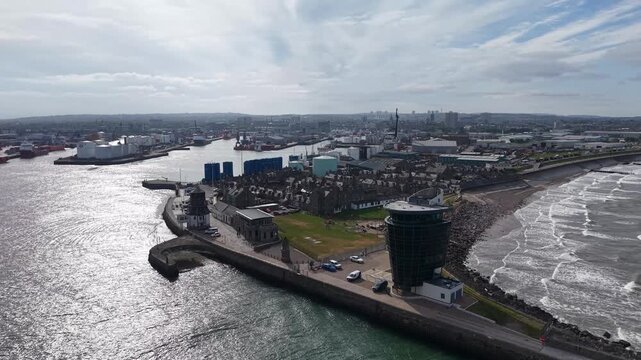 Aerial view of Aberdeen Harbour and beachfront promenade, Scotland, UK