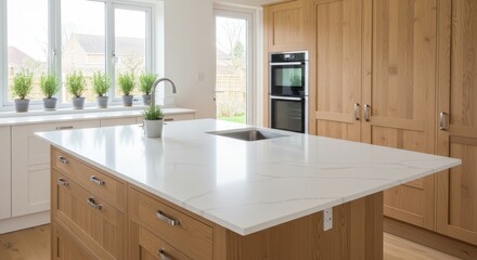 Modern Minimalist Kitchen Design with Natural Light and Elegantly Crafted Wooden Cabinets and White Marble Countertop