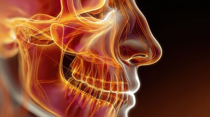 Sinus Inflammation Visualized in Warm Colors Showcasing Intricate 3D Anatomy of the Sinus Cavity and Surrounding Structures
