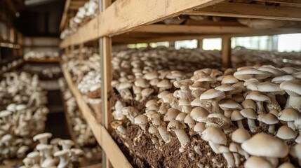 Cultivated mushrooms stacked on wooden shelves.