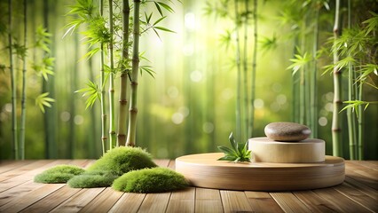Zen garden with bamboo stalks, moss, and stones creating a peaceful and tranquil scene
