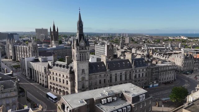 Aerial footage of Aberdeen Town House, Scotland, United Kingdom