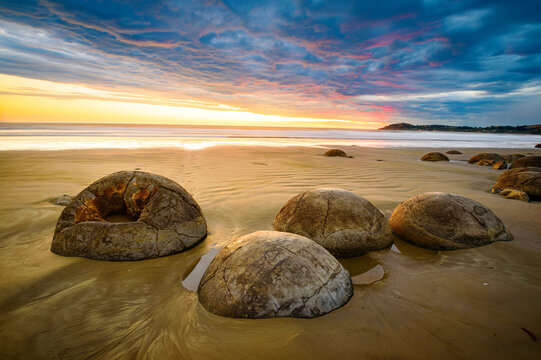 Moeraki Boulders beach at sunrise, New Zealand	