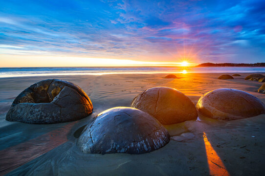 Moeraki Boulders beach at sunrise, New Zealand	