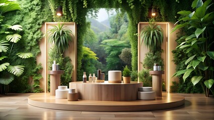 Obraz premium A luxurious display of natural skincare products on a wooden platform surrounded by greenery