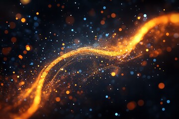 Fototapeta premium Dynamic abstract golden particle stream flowing against dark background with bokeh lights