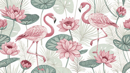 Vector Illustration Seamless Pattern Pink Flamingo, Lotus, White, Pink, Lotus Leaf, Fabric or Wallpaper Pattern.