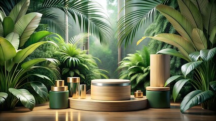 Fototapeta premium Cosmetic product display on a wooden platform surrounded by tropical plants