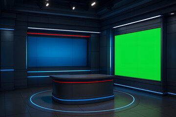 3D virtual news studio with green screen and digital display – modern broadcast room design

