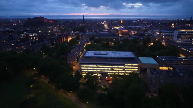 Bird's-eye view of central Edinburgh by night, Scotland, United Kingdom