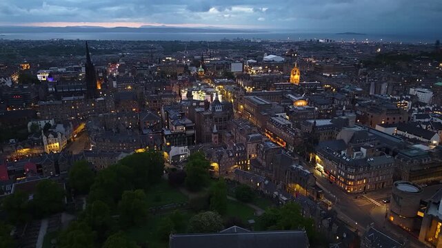 Aerial shot of downtown Edinburgh at night, Scotland, United Kingdom
