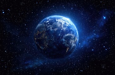 Obraz premium Earth, a vibrant blue sphere, bathed in starlight, in the vastness of space