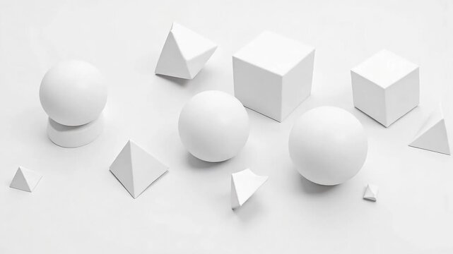 Minimalist composition shows clean white geometric shapes on a bright white surface for a modern design or architectural demonstration.