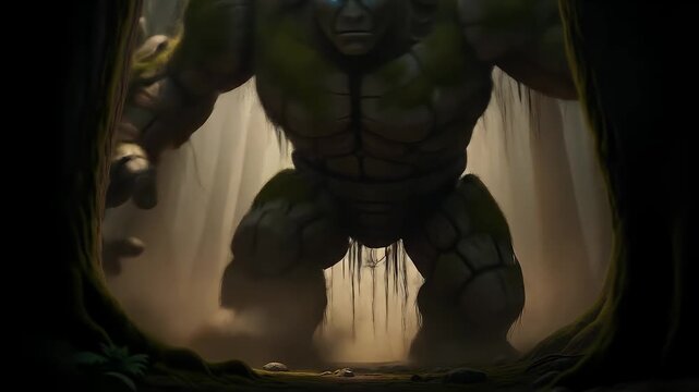 Stone Giant Emerging from Cave: A colossal stone giant emerges from a dark cave, its massive form illuminated by beams of light.
