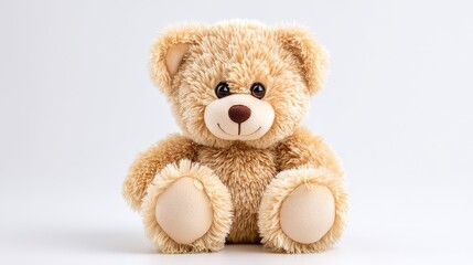 Obraz premium Adorable brown teddy bear sitting on a white background, studio portrait of childhood comfort