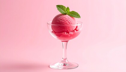 Refreshing raspberry sorbet in a glass coupe, topped with fresh mint leaves against a soft pink backdrop.