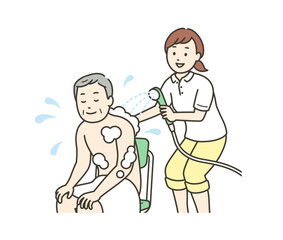 入浴介助をする介護士とシャワーを浴びる高齢男性の上半身イラスト
