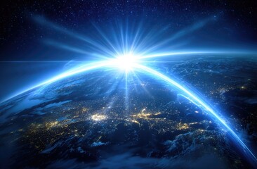 Earth rising, illuminated by a brilliant sunrise