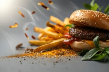 Delicious Fast Food Burger with Fries and Seasoning on Gray Background in High Contrast Photography