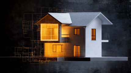 Modern House Blueprint Illustration Featuring 3D Design Elements and Technical Drawings for Residential Architecture