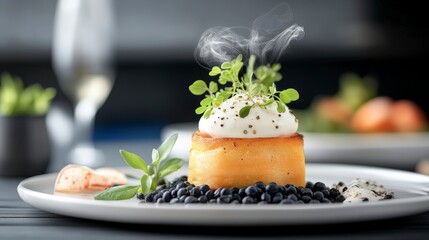 Exquisite Gourmet Dish Presented Elegantly with Steam and Fresh Herbs on a Modern Plate