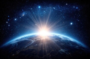 Earth rising, vibrant sunrise in cosmos