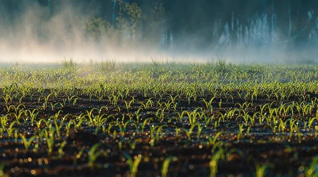 A field of young corn plants at dawn with fog rolling in the background and dew on the leaves