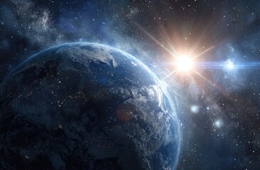 Obraz premium Earth in cosmic expanse, sun ablaze