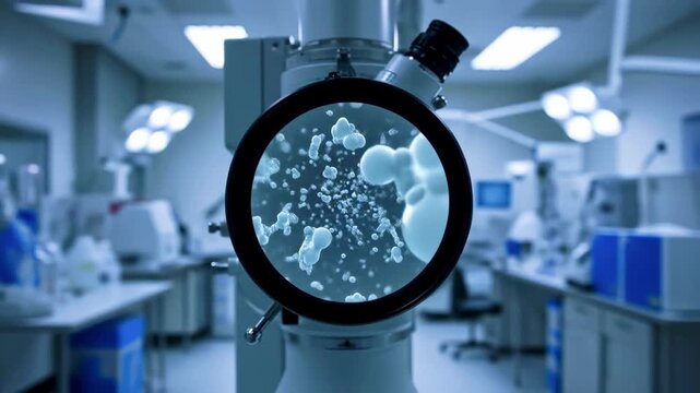 Close-up view through a microscope revealing bubbles in a laboratory setting with researchers nearby