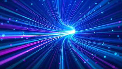Abstract tunnel of bright lines creates a warp speed effect, with futuristic glowing energy and a vibrant neon color scheme.