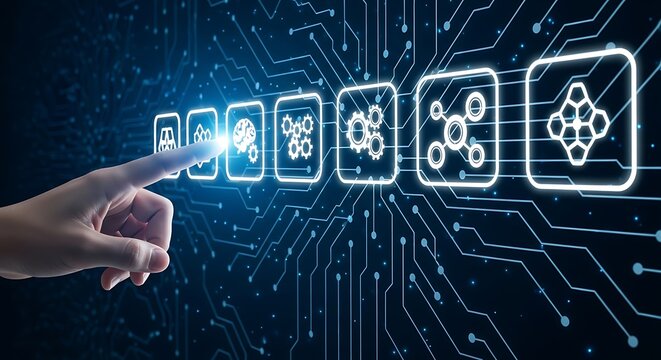 Human finger touching a glowing digital interface with technology icons on a circuit board background - Powered by Adobe