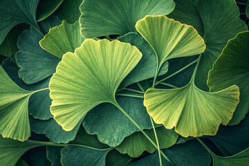 A vibrant and detailed top-view photograph of overlapping Ginkgo biloba leaves in various shades of green, showcasing their distinct fan shape and radiating vein patterns. The image features a lush, o