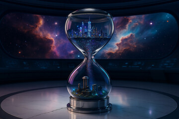 City on top of an hourglass and below a ruin, space in the background